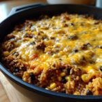 Close-up of a cheesy mexican rice casserole topped with melted cheddar and Monterey Jack cheese in a black skillet.