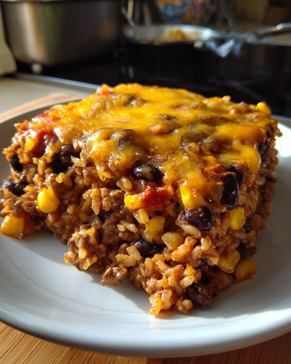 A square serving of cheesy mexican rice casserole topped with melted cheddar cheese, black beans, and corn kernels.