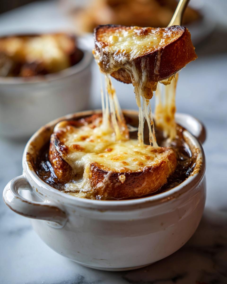 A spoonful of cheesy bread being lifted from a bowl of rich french onion soup recipe, showing dramatic cheese pulls.