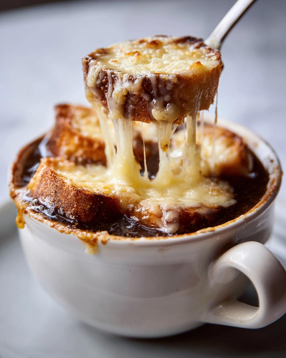 A spoonful lifts a piece of cheesy, toasted bread from a bowl of rich french onion soup recipe, showing dramatic cheese pull.