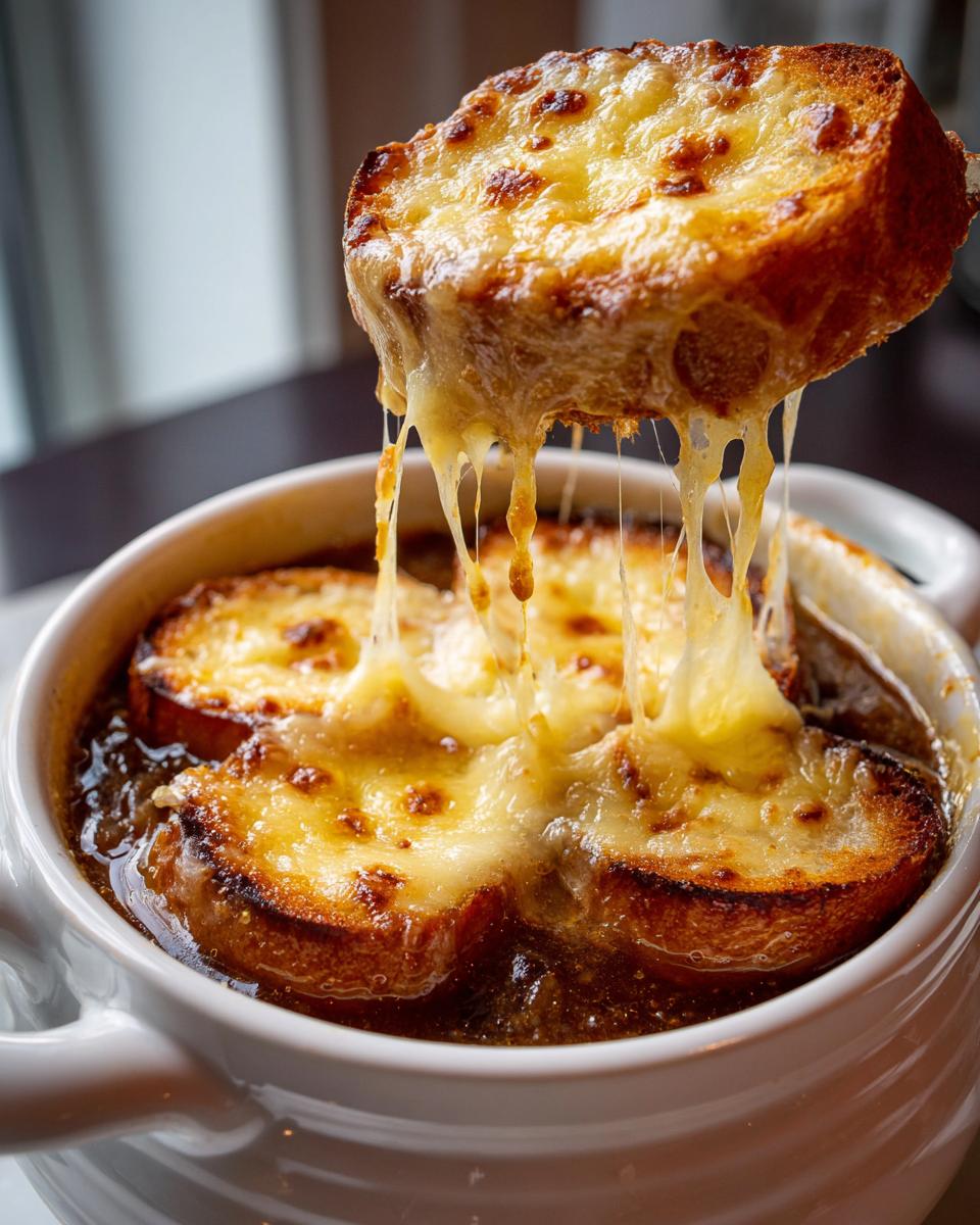 A piece of cheesy toast is lifted from a bowl of rich french onion soup, showing long, gooey cheese pulls.