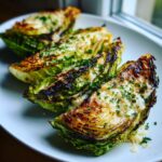 Four roasted cabbage wedges topped with melted cheese and fresh parsley, a perfect cabbage recipe.