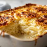 A close-up view of a creamy, cheesy bake of scalloped potatoes with a deeply browned, bubbly top crust.