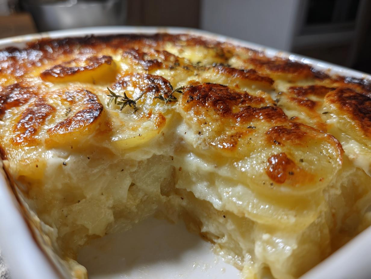 Close-up of creamy, cheesy scalloped potatoes with a browned, bubbly top garnished with thyme.
