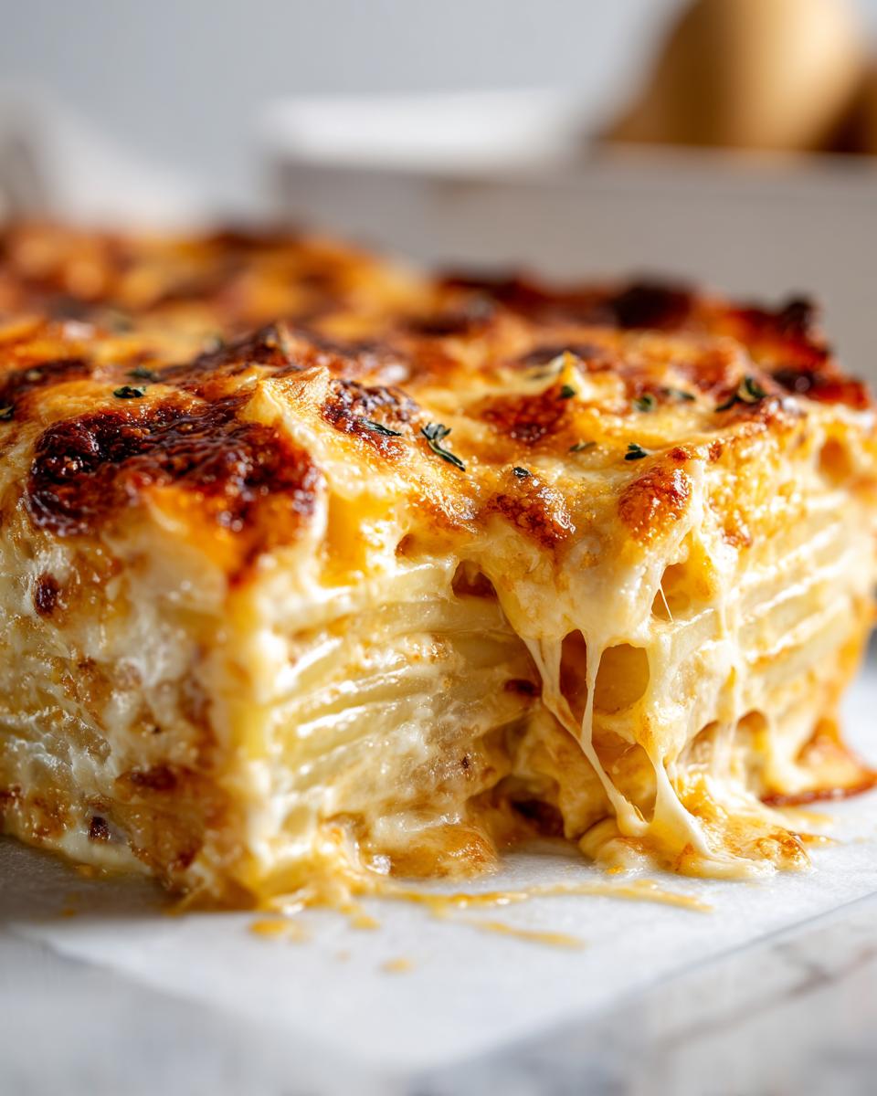 Close-up of a rich, cheesy slice of scalloped potatoes showing layers and a dramatic cheese pull.