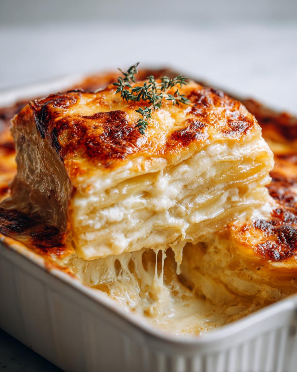 A lifted slice of rich, cheesy scalloped potatoes showing layers and a dramatic cheese pull, topped with fresh thyme.