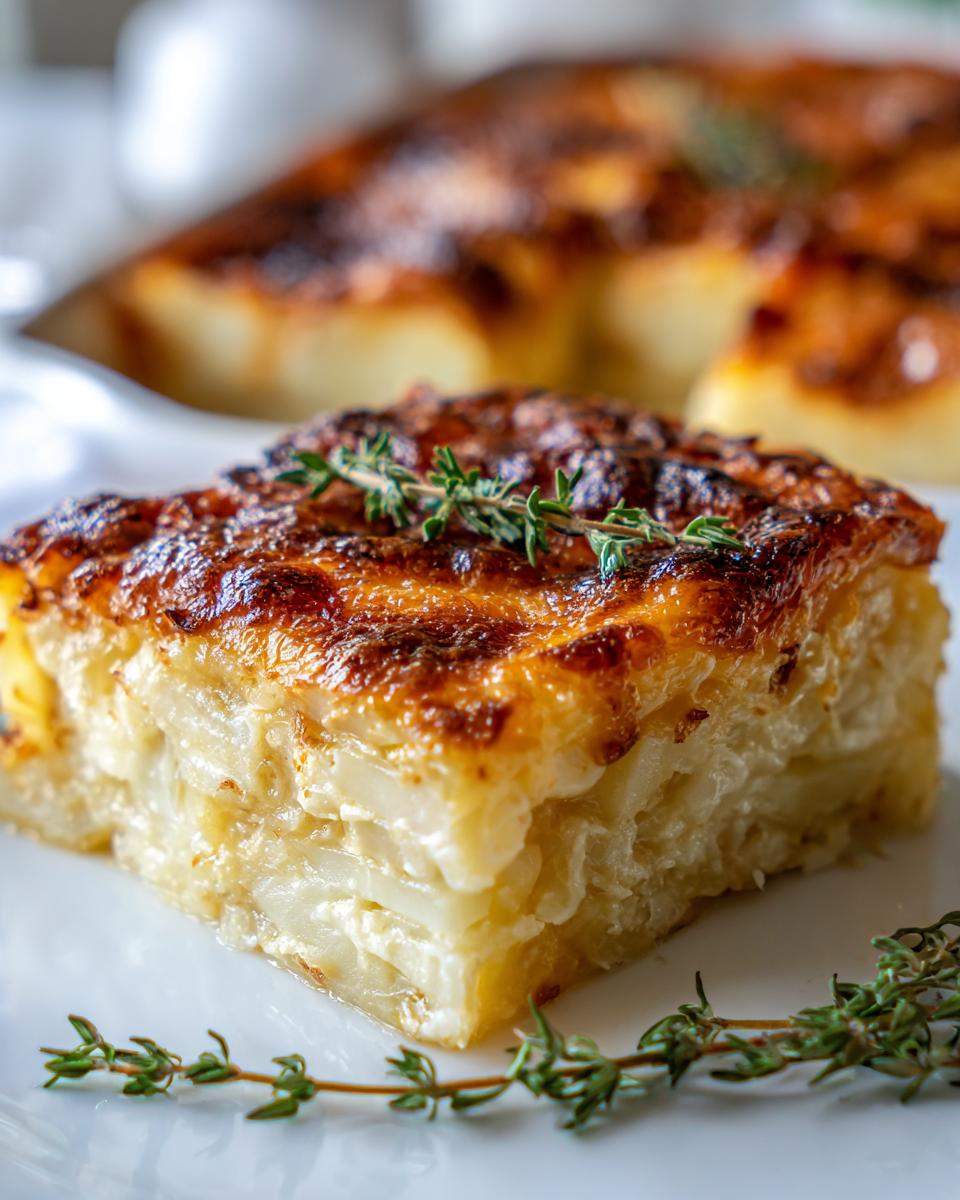 A close-up of a square slice of rich, cheesy scalloped potatoes with a golden-brown crust, garnished with fresh thyme.