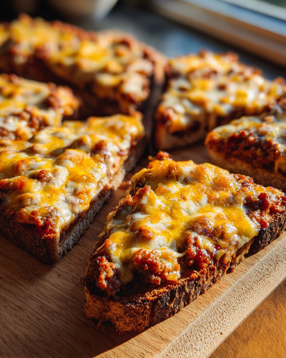 Close-up of several slices of the hanky panky recipe, topped with a thick layer of melted cheddar and mozzarella cheese.
