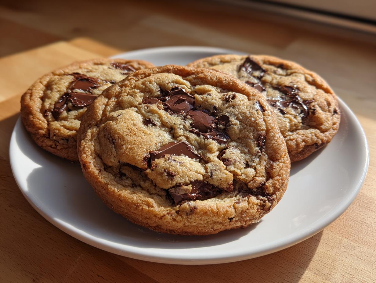 Close-up of three thick, golden chewy chocolate chip cookies loaded with melted chocolate chunks on a white plate.
