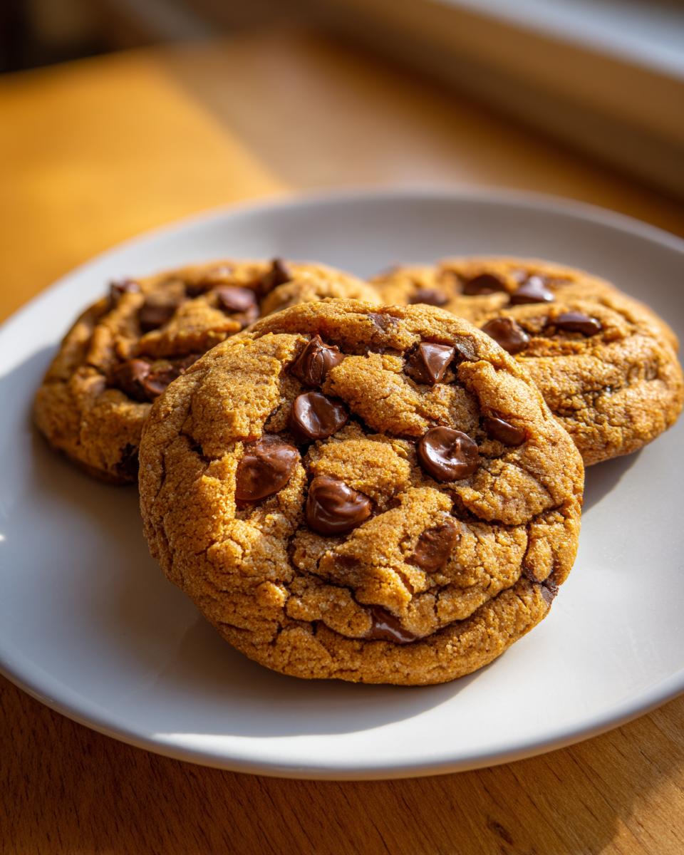Close-up of three golden brown, freshly baked chewy chocolate chip cookies piled on a white plate.