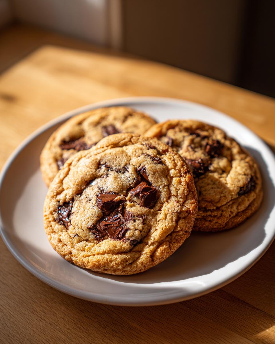 Three freshly baked, thick, and chewy chocolate chip cookies piled on a light plate.