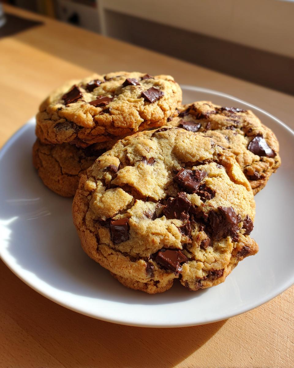 A stack of four thick, chewy chocolate chip cookies loaded with melted chocolate chunks, resting on a white plate.