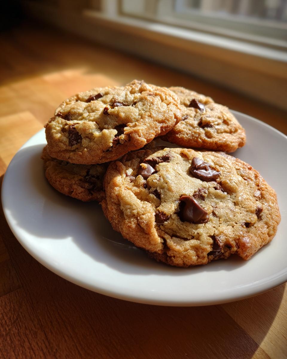 Four golden brown chewy chocolate chip cookies stacked on a white plate, illuminated by sunlight.
