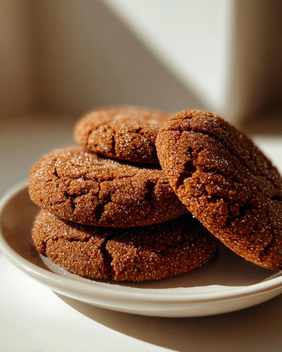 A close-up stack of four dark, chewy ginger molasses cookies coated in sparkling sugar, resting on a white plate.