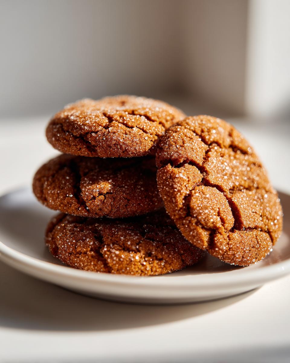 A stack of four soft, crackled ginger molasses cookies coated in sparkling sugar, resting on a small white plate.