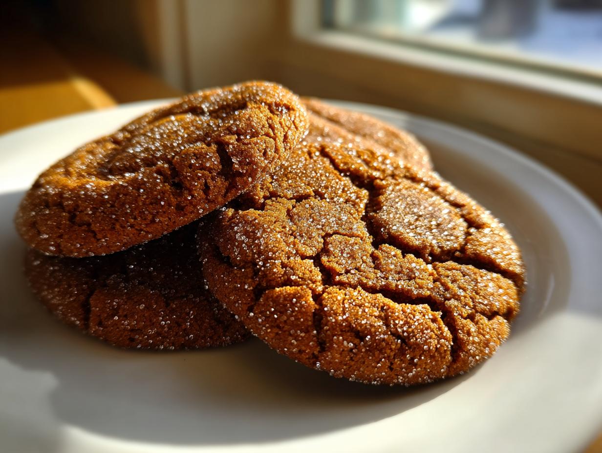 Three chewy, crackled ginger molasses cookies rolled in sugar sitting on a white plate near a window.