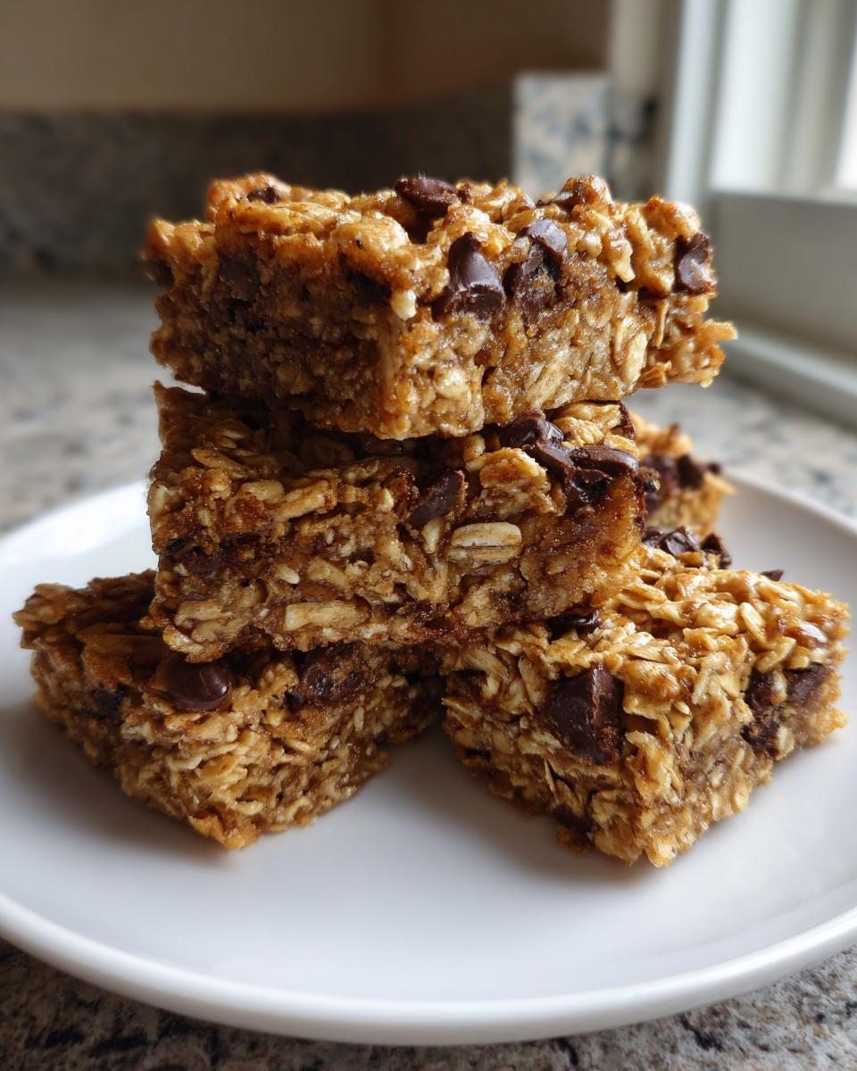A stack of four chewy oatmeal bars loaded with chocolate chips resting on a white plate.