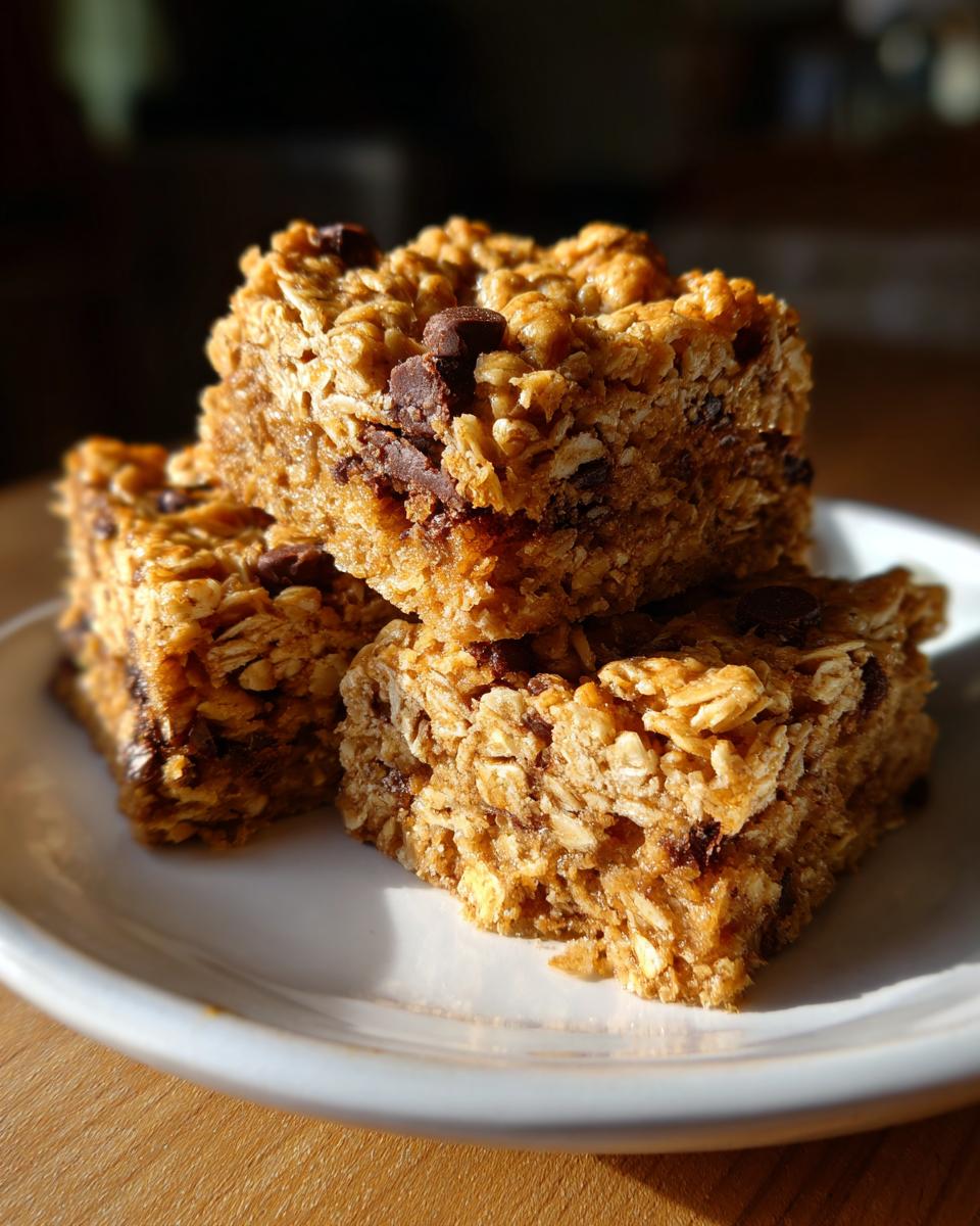 Three chewy oatmeal bars with visible chocolate chips stacked on a small white plate.