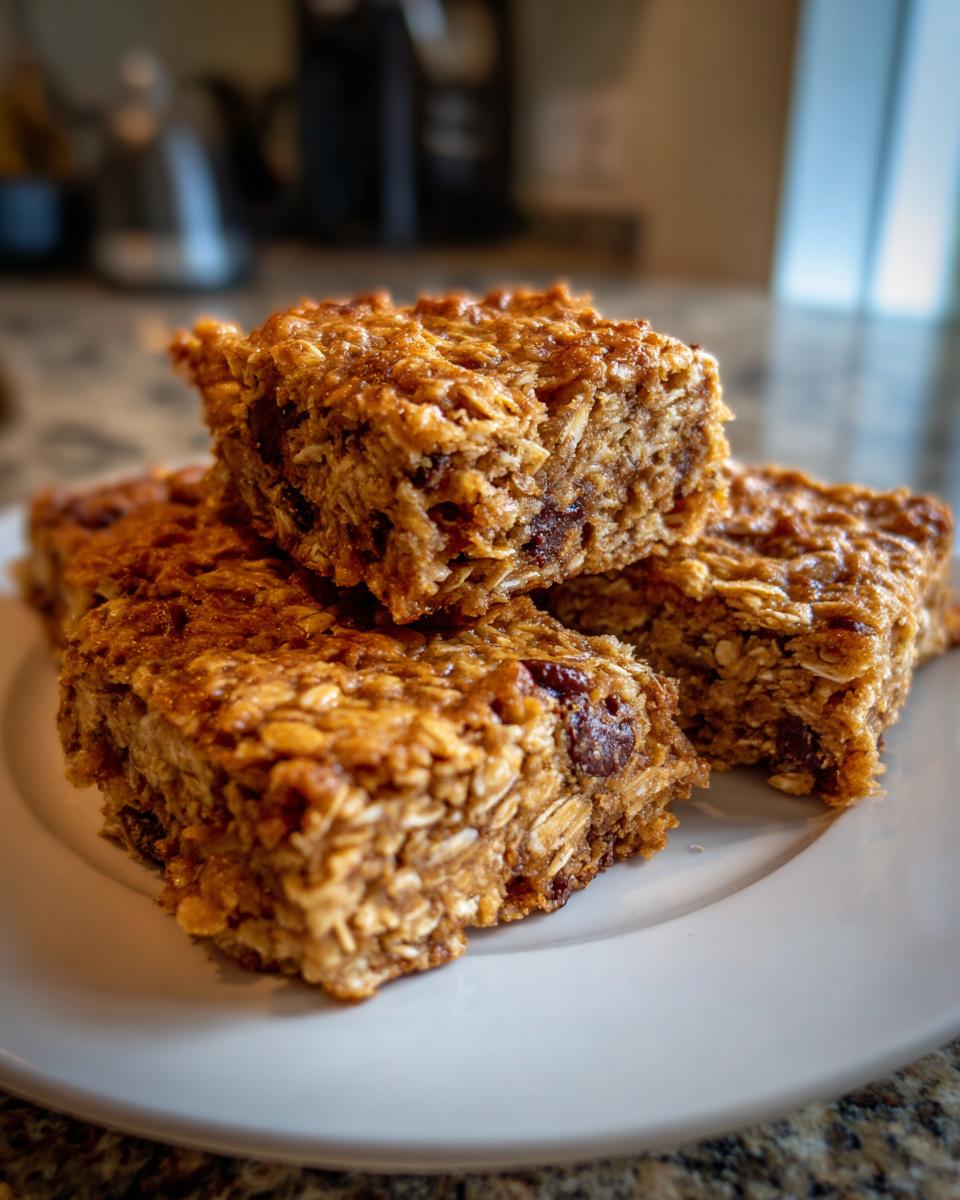 Three chewy oatmeal bars stacked on a white plate, showing texture and dried fruit pieces.