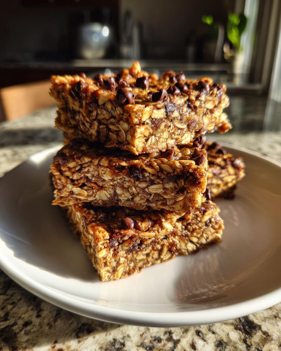 A stack of three chewy oatmeal bars topped with mini chocolate chips resting on a white plate.