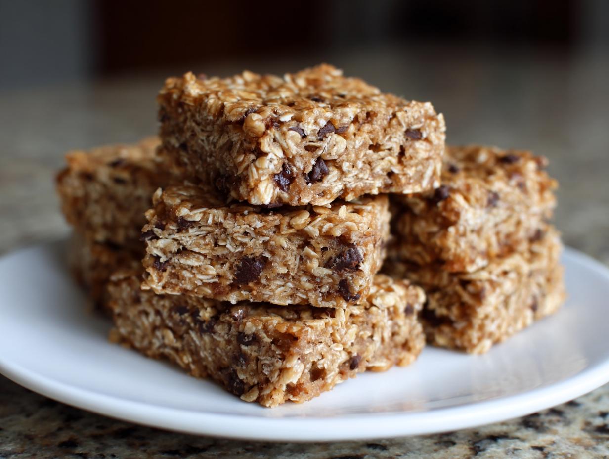 A stack of chewy oatmeal bars loaded with chocolate chips resting on a white plate.