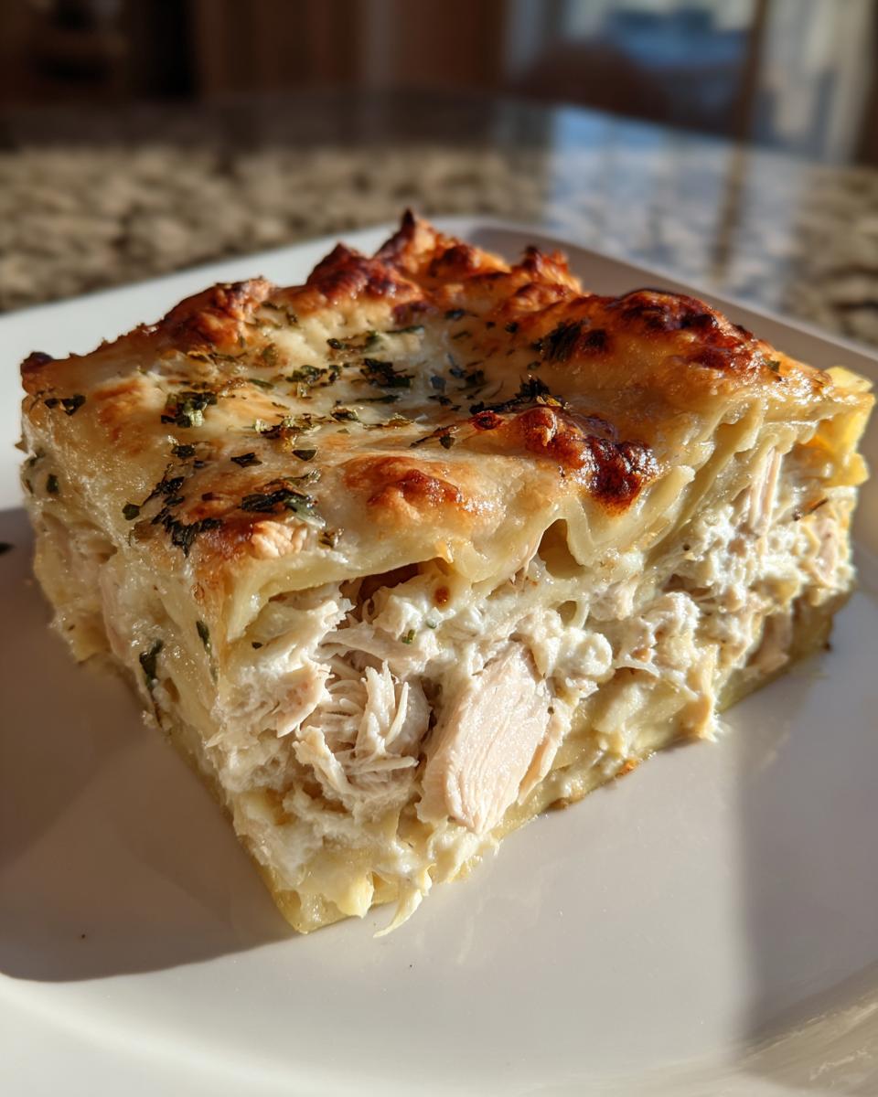 A close-up slice of baked chicken alfredo lasagna showing layers of pasta, creamy filling, and shredded chicken.