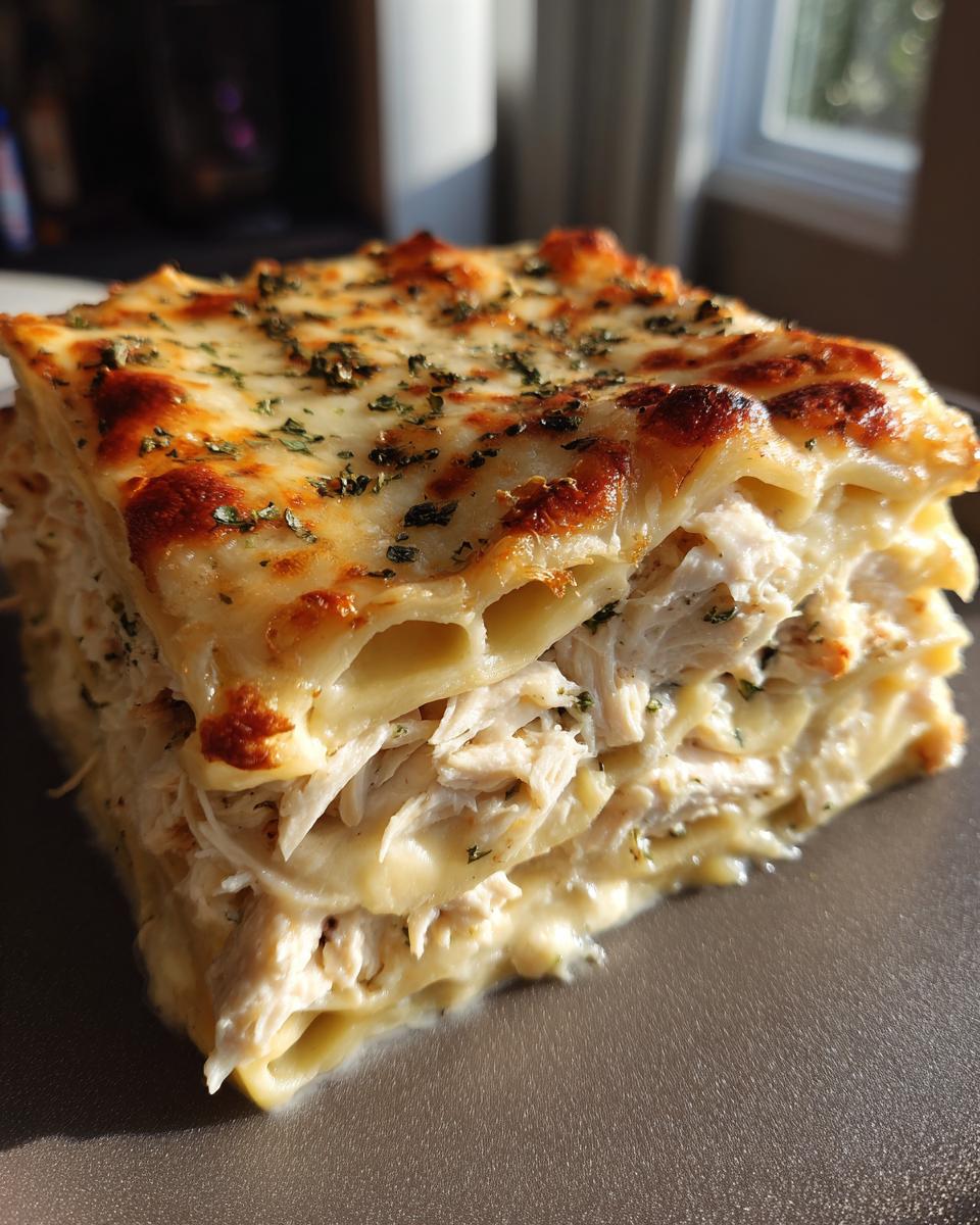 A tall, layered slice of chicken alfredo lasagna showing shredded chicken, creamy sauce, and a bubbly, browned cheese topping.