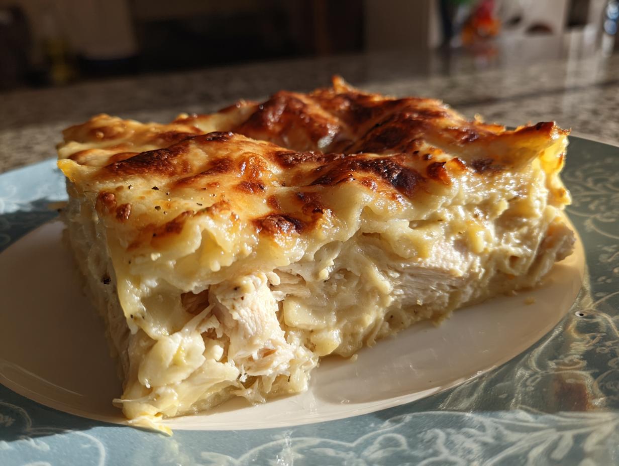A thick, golden-brown slice of chicken alfredo lasagna showing layers of pasta, creamy sauce, and shredded chicken.