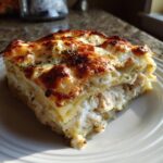 A generous slice of chicken alfredo lasagna showing layers of pasta, creamy sauce, chicken, and a bubbly, browned cheese topping.