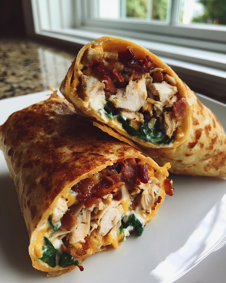 A grilled chicken bacon ranch wrap cut in half, showing chunks of chicken, bacon, cheese, and spinach.