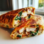 Close-up of a perfectly grilled chicken bacon ranch wrap cut in half, showing chunks of chicken, bacon, and spinach.