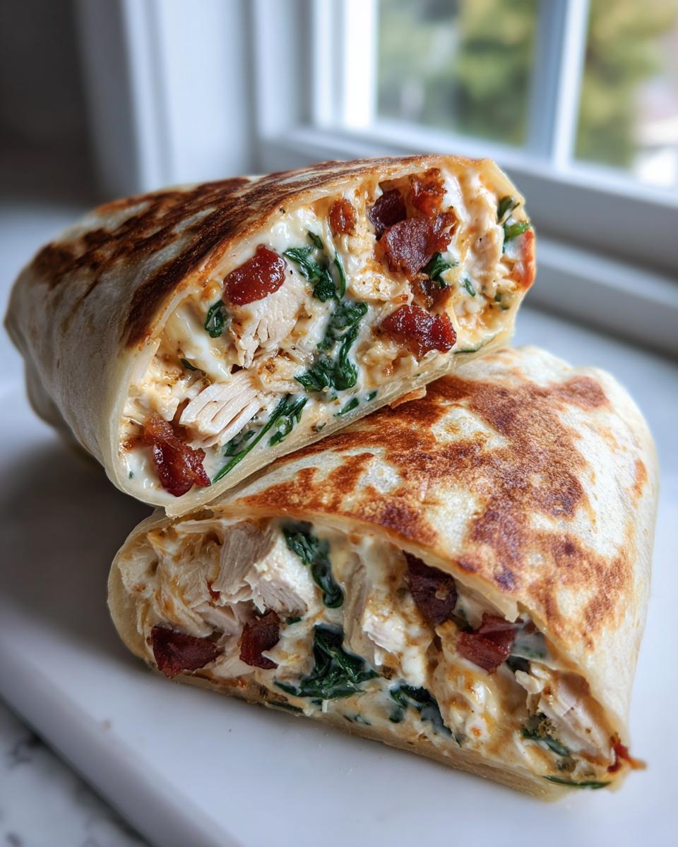 A grilled chicken bacon ranch wrap cut in half, showing shredded chicken, bacon, spinach, and creamy ranch filling.