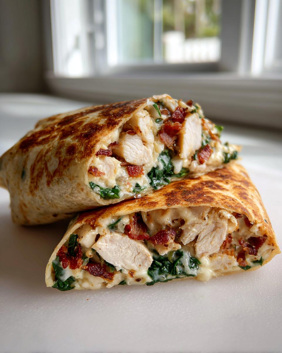 Cross-section view of a grilled chicken bacon ranch wrap filled with chicken, bacon, and creamy sauce.