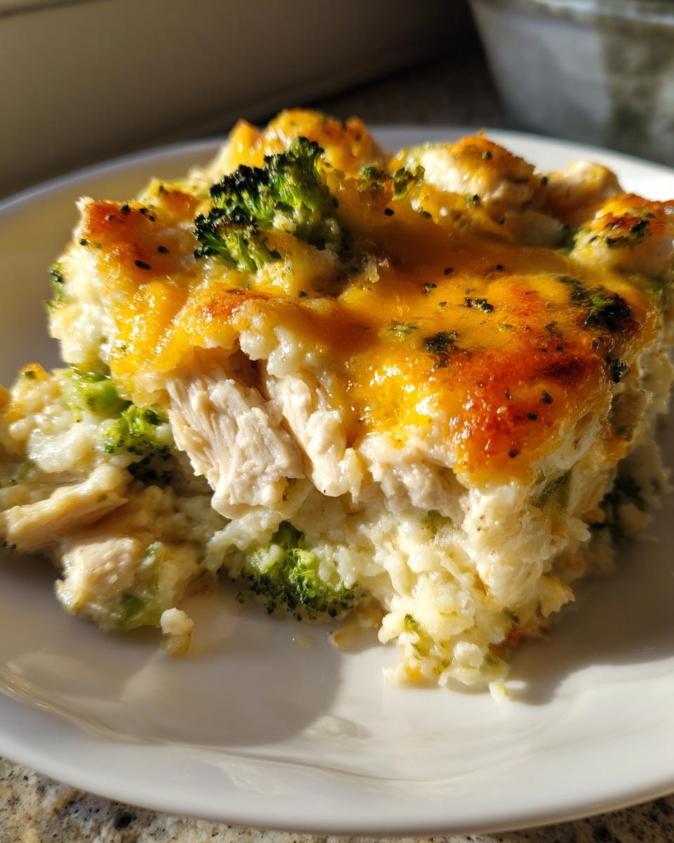 A close-up serving of chicken cauliflower rice casserole topped with melted, browned cheese and visible pieces of broccoli.