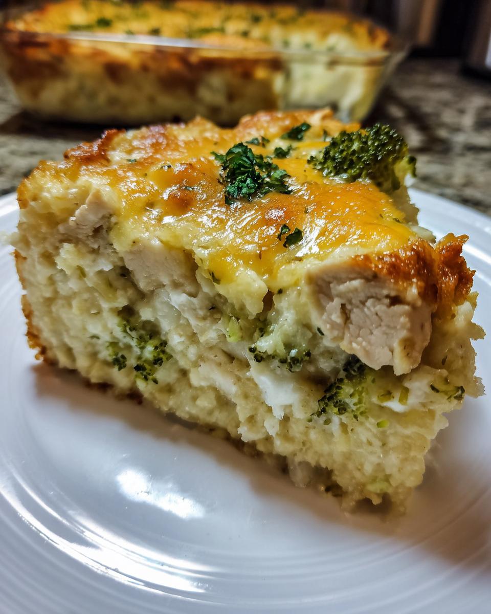 A close-up slice of chicken cauliflower rice casserole topped with melted cheddar cheese and parsley.