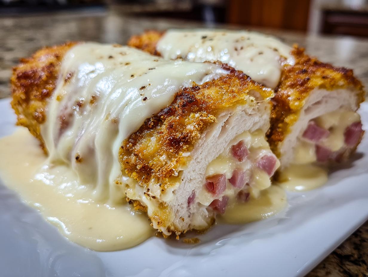 Cross-section of crispy chicken cordon bleu stuffed with ham and cheese, topped with creamy sauce.
