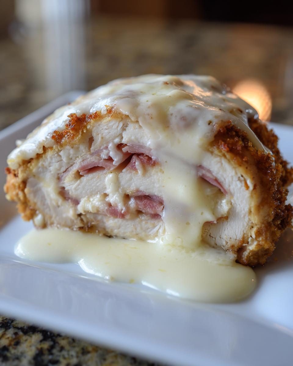 Cross-section view of a golden-brown chicken cordon bleu stuffed with ham and cheese, topped with creamy white sauce.