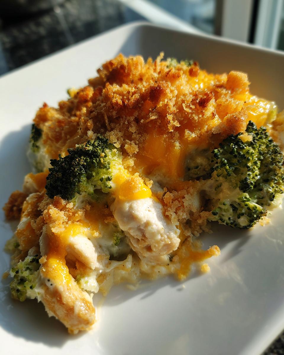 Close-up of a serving of Chicken Divan featuring creamy sauce, chunks of chicken, broccoli florets, and a golden, crunchy breadcrumb topping.