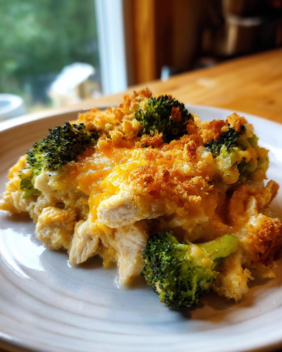 A close-up serving of creamy Chicken Divan casserole featuring tender chicken, bright green broccoli florets, and a golden, crunchy breadcrumb topping.