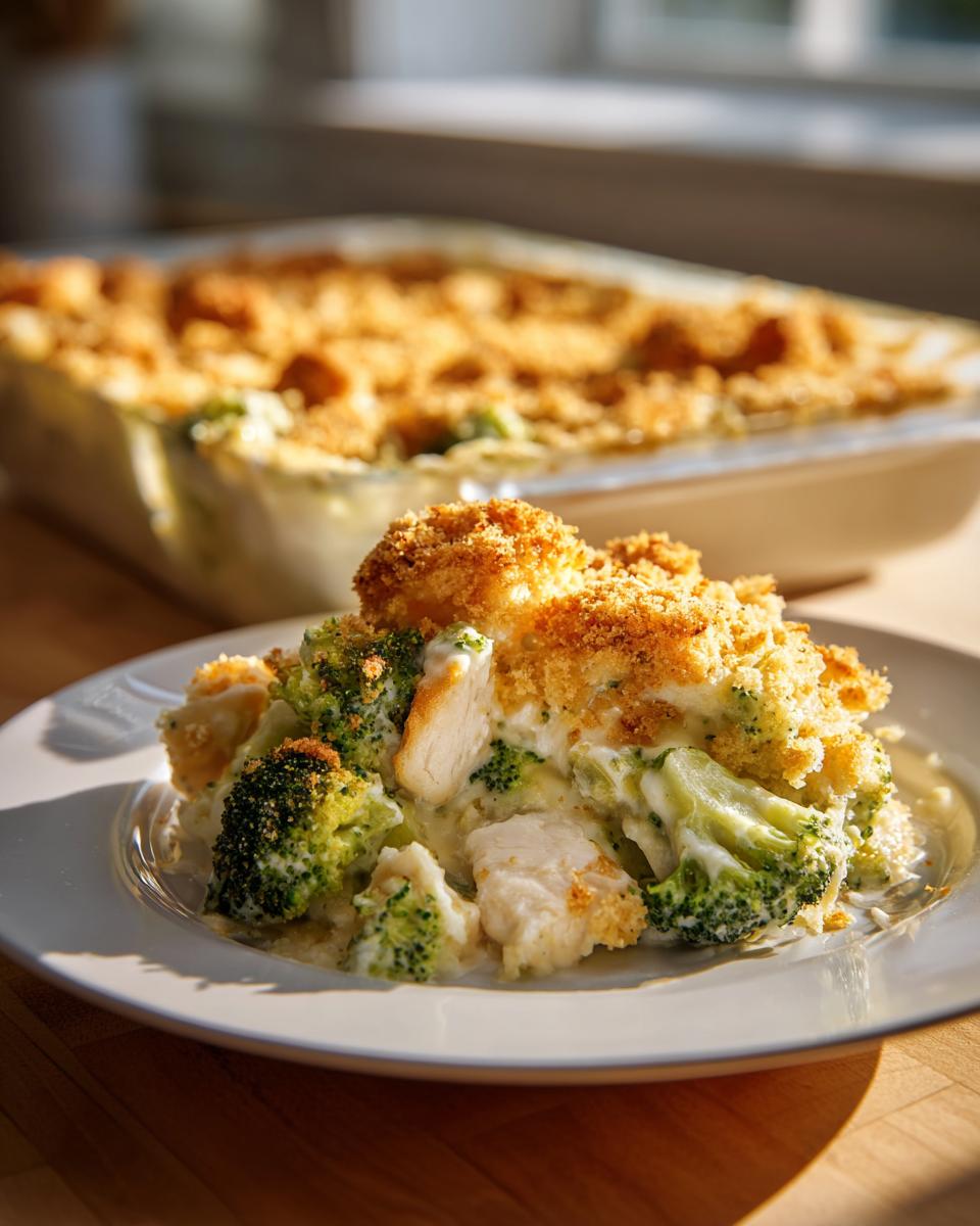 A close-up serving of Chicken Divan featuring creamy sauce, bright green broccoli florets, chicken pieces, and a golden breadcrumb crust.