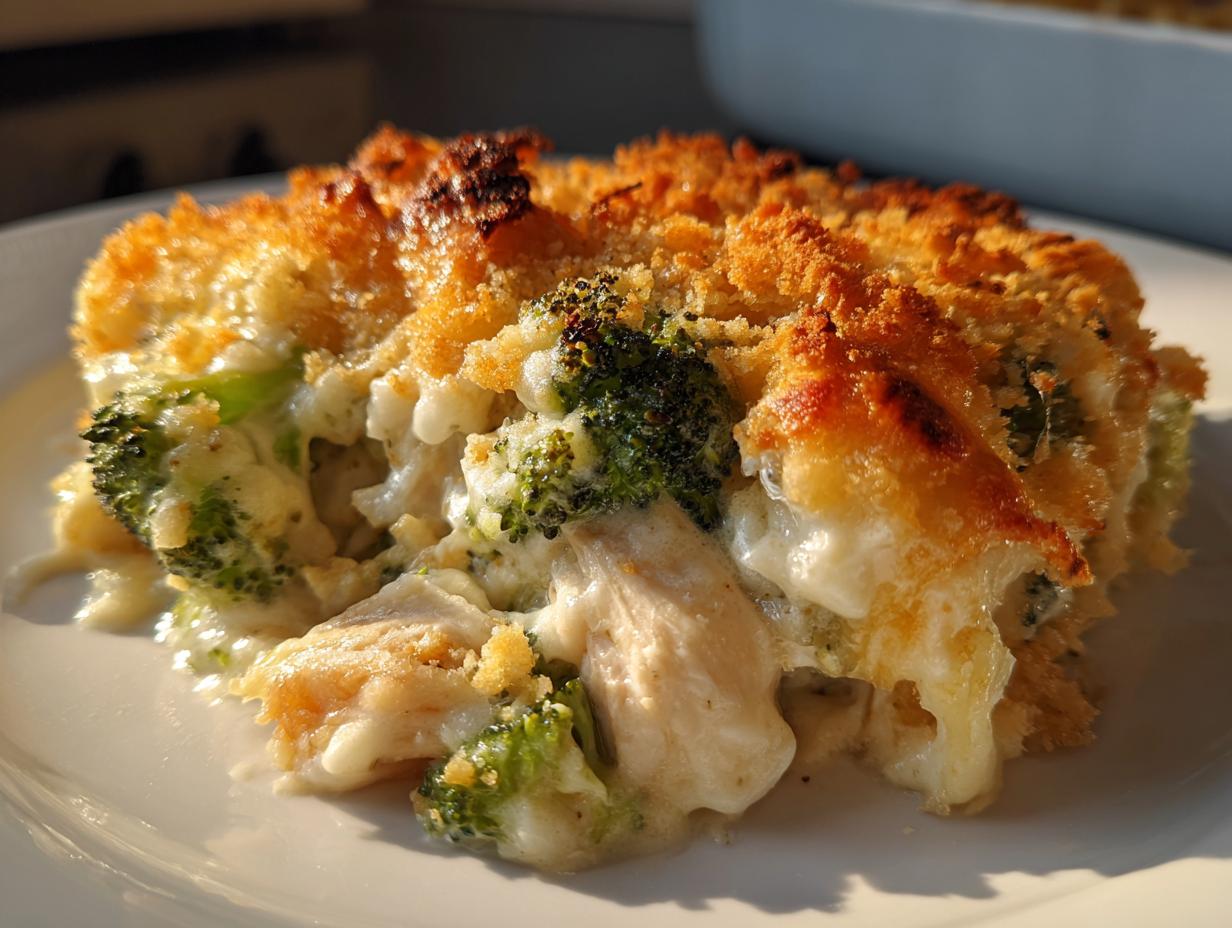 Close-up of a serving of Chicken Divan casserole featuring creamy sauce, broccoli florets, chicken pieces, and a golden brown crumb topping.