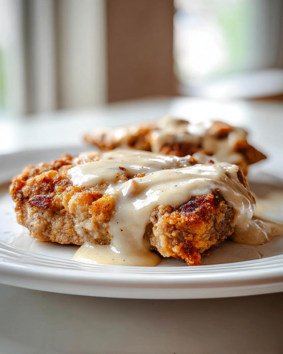 Close-up of a crispy, golden-brown chicken fried steak smothered in thick, creamy white gravy on a white plate.