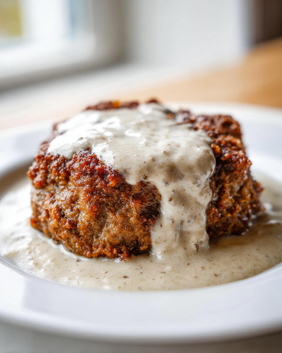 Close-up of a crispy, golden-brown chicken fried steak smothered in creamy, peppered gravy.