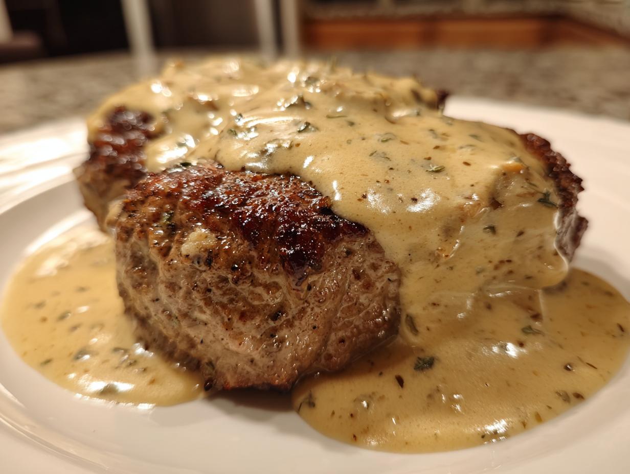 Close-up of a perfectly cooked chicken fried steak smothered in creamy, herb-flecked gravy.