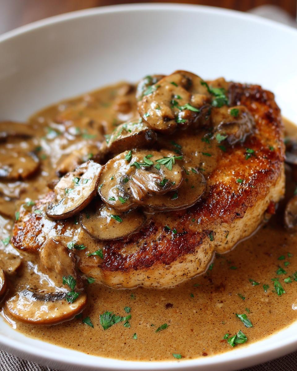 Close-up of a golden-brown chicken marsala breast covered in rich mushroom Marsala sauce and fresh parsley.
