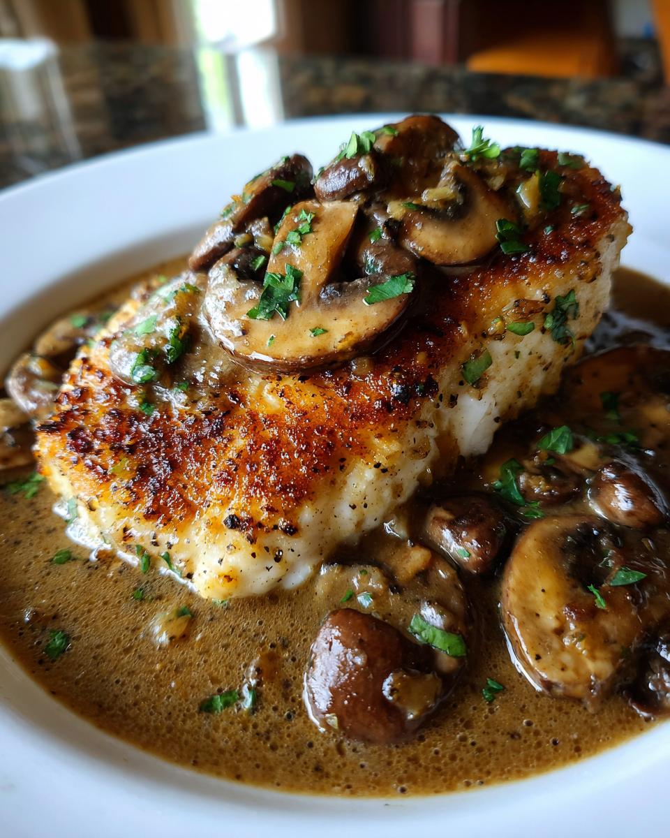 Close-up of a golden-brown chicken marsala breast topped with rich mushroom sauce and fresh parsley.