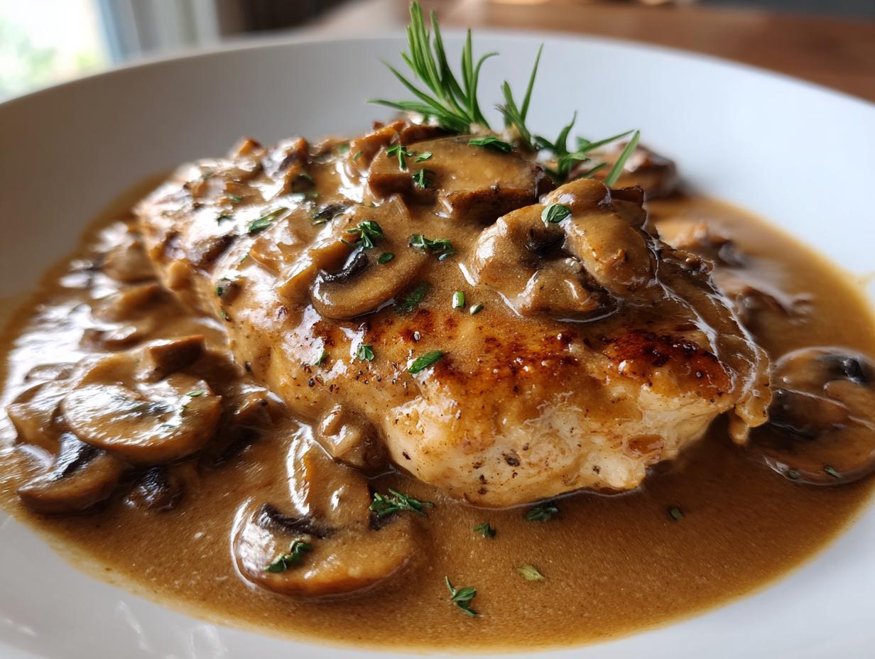 Close-up of a perfectly seared chicken breast covered in rich mushroom sauce, the star of this chicken marsala recipe.