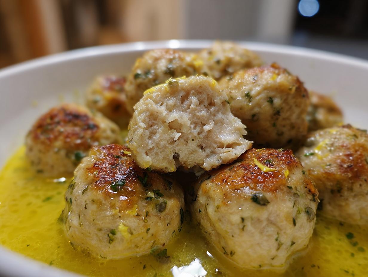 Close-up of juicy chicken piccata meatballs swimming in a bright lemon-butter sauce, one meatball is broken open.