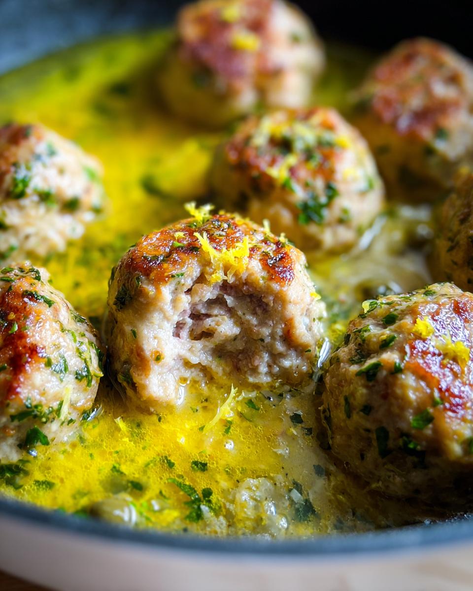 Close-up of browned chicken piccata meatballs simmering in a bright yellow, lemony sauce, topped with parsley and zest.