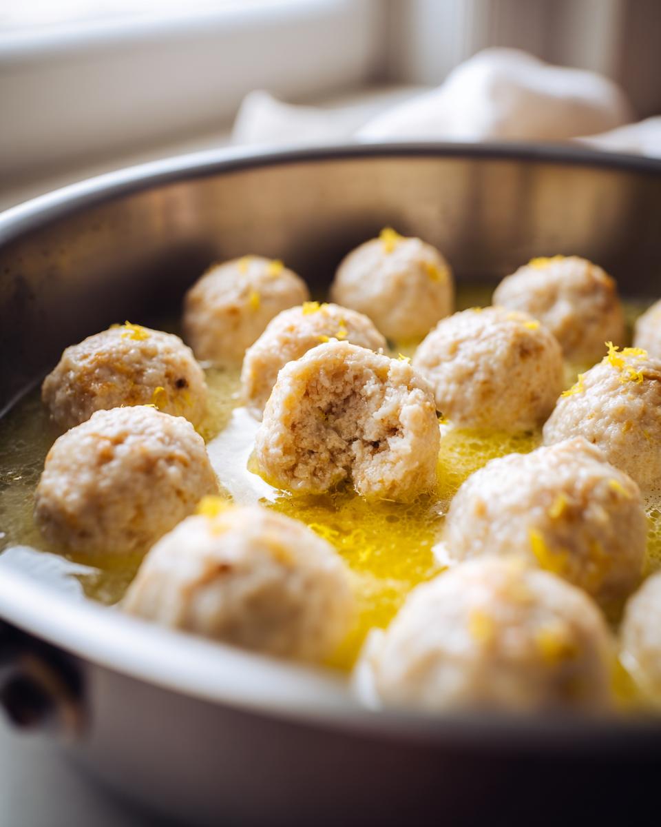 Close-up of tender chicken piccata meatballs simmering in a bright lemon butter sauce, topped with zest.